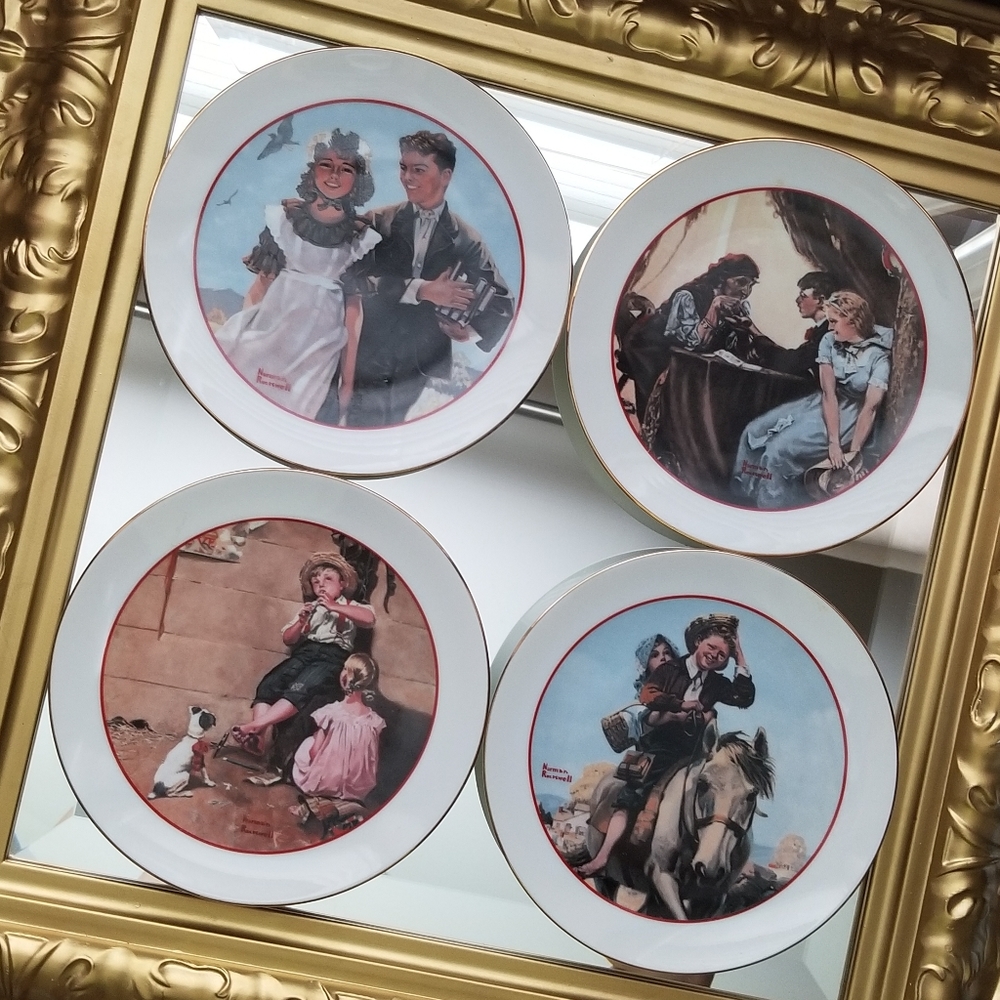 ❗Antique Norman Rockwell Plate Set of 4 with Gold Trim❗